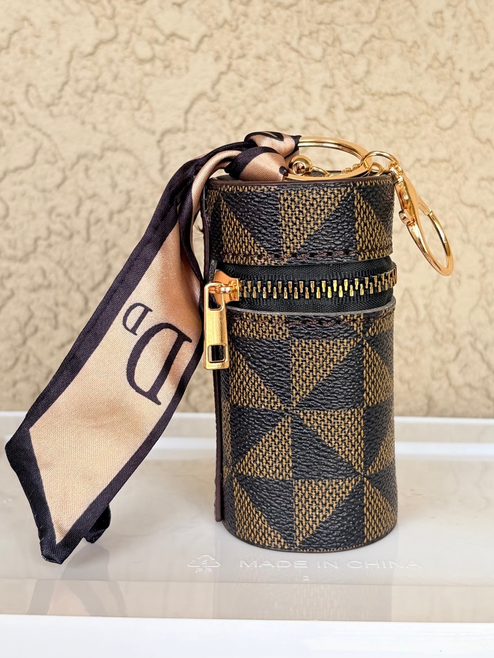 Brown Geometric Cylinder Keychain Pouch with Scarf Accent